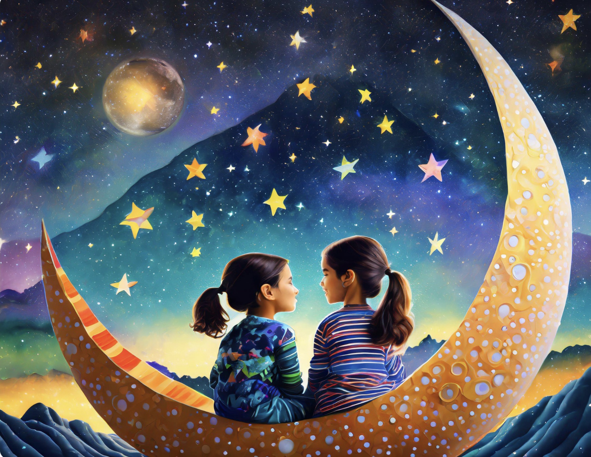 2 girls with a colorful moon and sky