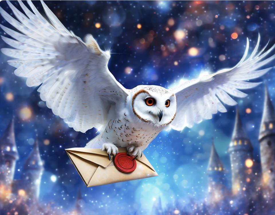 Flying Hedwig the owl carrying a letter