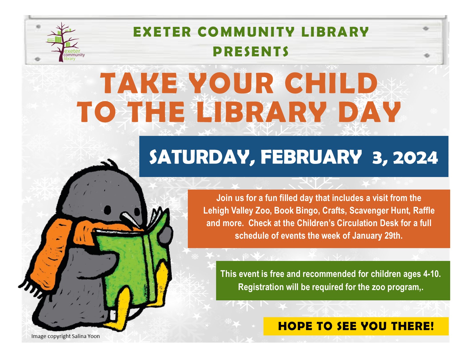 A penguin reading a book alongside Exeter library event information