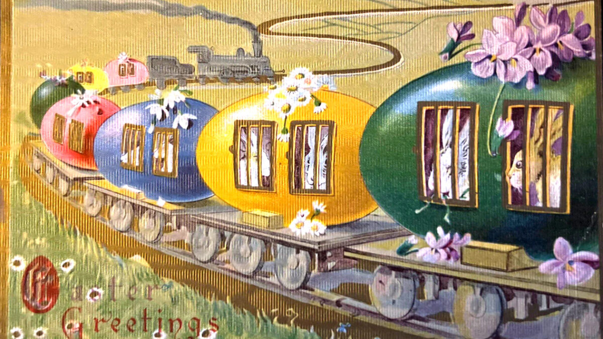 vintage postcard of colorful egg-shaped trains