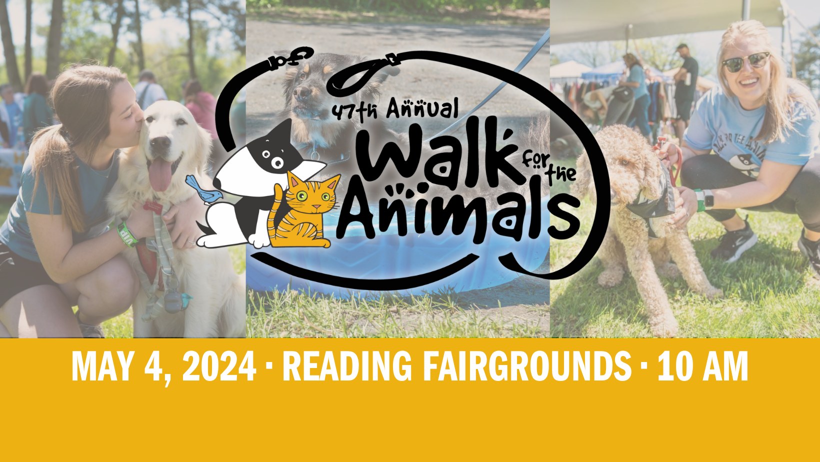 logo for Humane Pennsylvania Walk for the Animals and photos of people with dogs